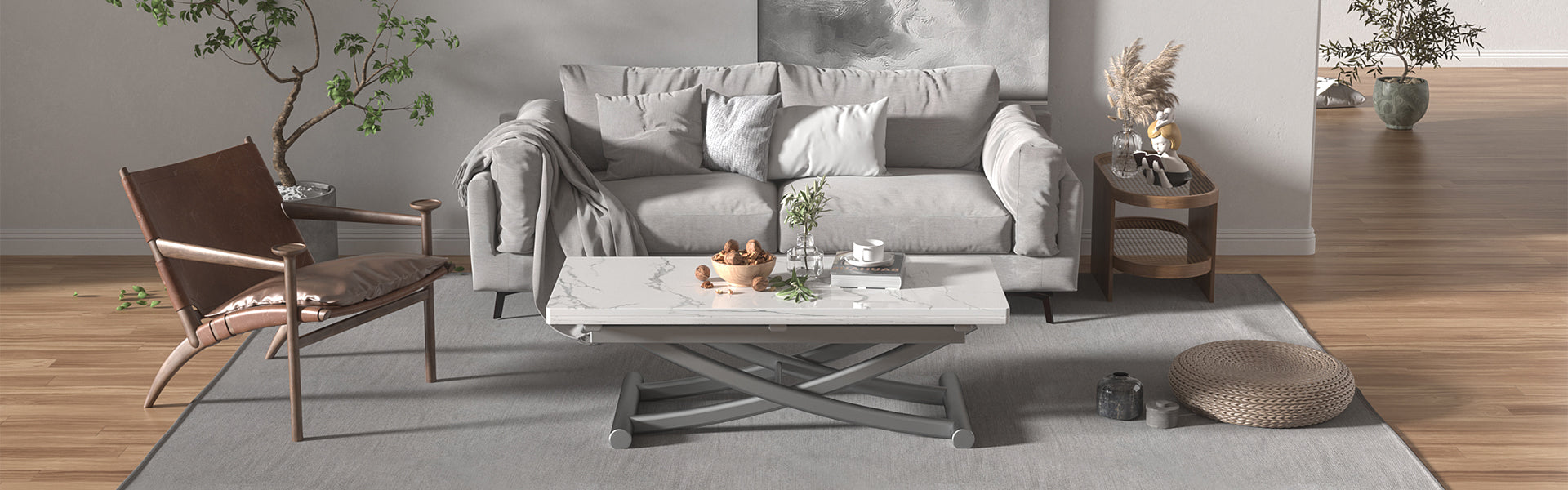 White Transforming table, Expandable Coffee Table, Space-Saving Table, coffee table mode (homepage render)