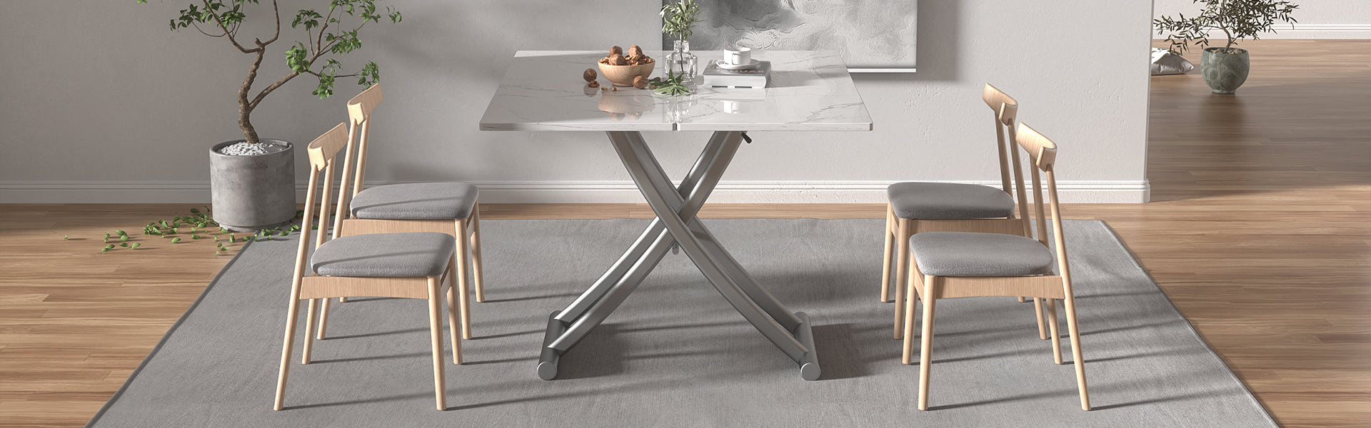 White Transforming table, Expandable Coffee Table, Space-Saving Table, dinning table mode (homepage render)